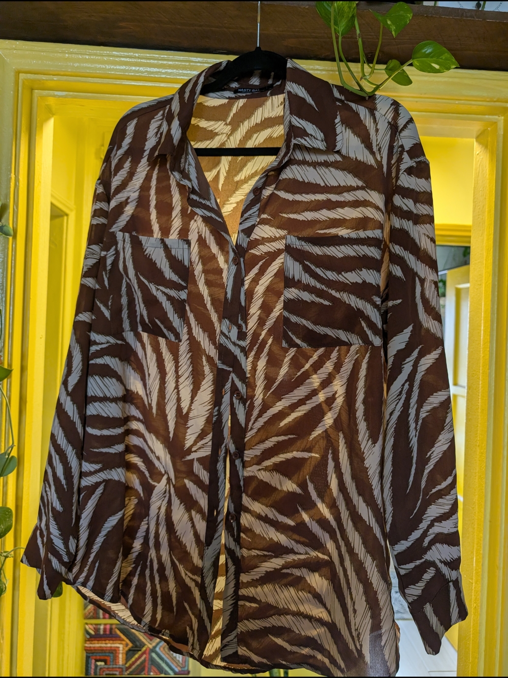 Nasty Gal Brown and Cream Zebra-Print Sheer Button-Down Shirt
